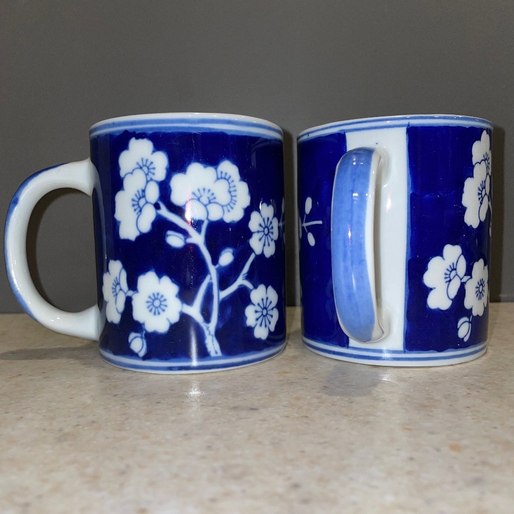 Seymour Mann Vintage Set of 2 Porcelain China Blue Mug Cherry Blossom Cottage